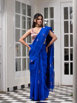 Cobalt Blue Muslin Silk Saree with Zari Buttas and Jamdani Design in Pallu
