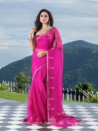 Fuchsia Pink Muslin Silk Saree with Zari Jamdani Design