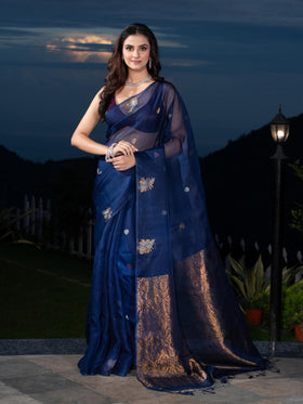 Midnight Blue Muslin Silk Saree with Zari Buttas and Jamdani Design in Pallu