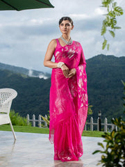 Fuchsia Pink Muslin Silk Saree with Zari Jamdani Design