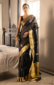 Striking Black Silk Chanderi Saree With Woven Buttas
