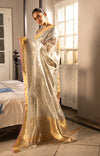 Silver Chanderi Silk Saree with Gold & Silver Zari Leaf Motif
