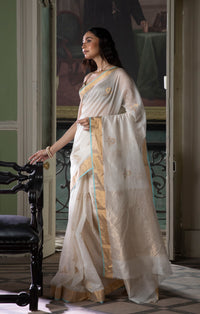 White Chanderi Saree with Flower Zari Butta & Boarder