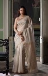 White & Beige Checked Maheshwari Saree,