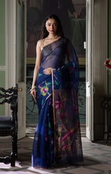 Midnight Blue Muslin Silk Saree with Striking Handwoven Jamdani Floral Vine Design