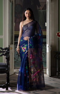 Midnight Blue Silk Muslin Saree with Multicolour Jamdani Floral Vines & Paithani-Inspired Pallu
