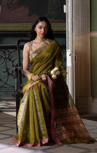 Moss Green Chanderi Saree with Rose Pink Border