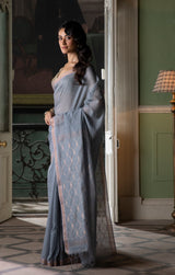 Silver Grey Silk Cotton Saree with Striking Gold Jamdani Pallu