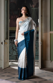 Pearl White Chanderi Saree with Striking Cerulean Blue Border