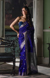 Azure Blue & Magenta Chanderi Silk Saree with Silver Floral Buttas