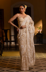 Stunning Tussar Silk Saree with Exquisite White Hand-stitched Kantha Work