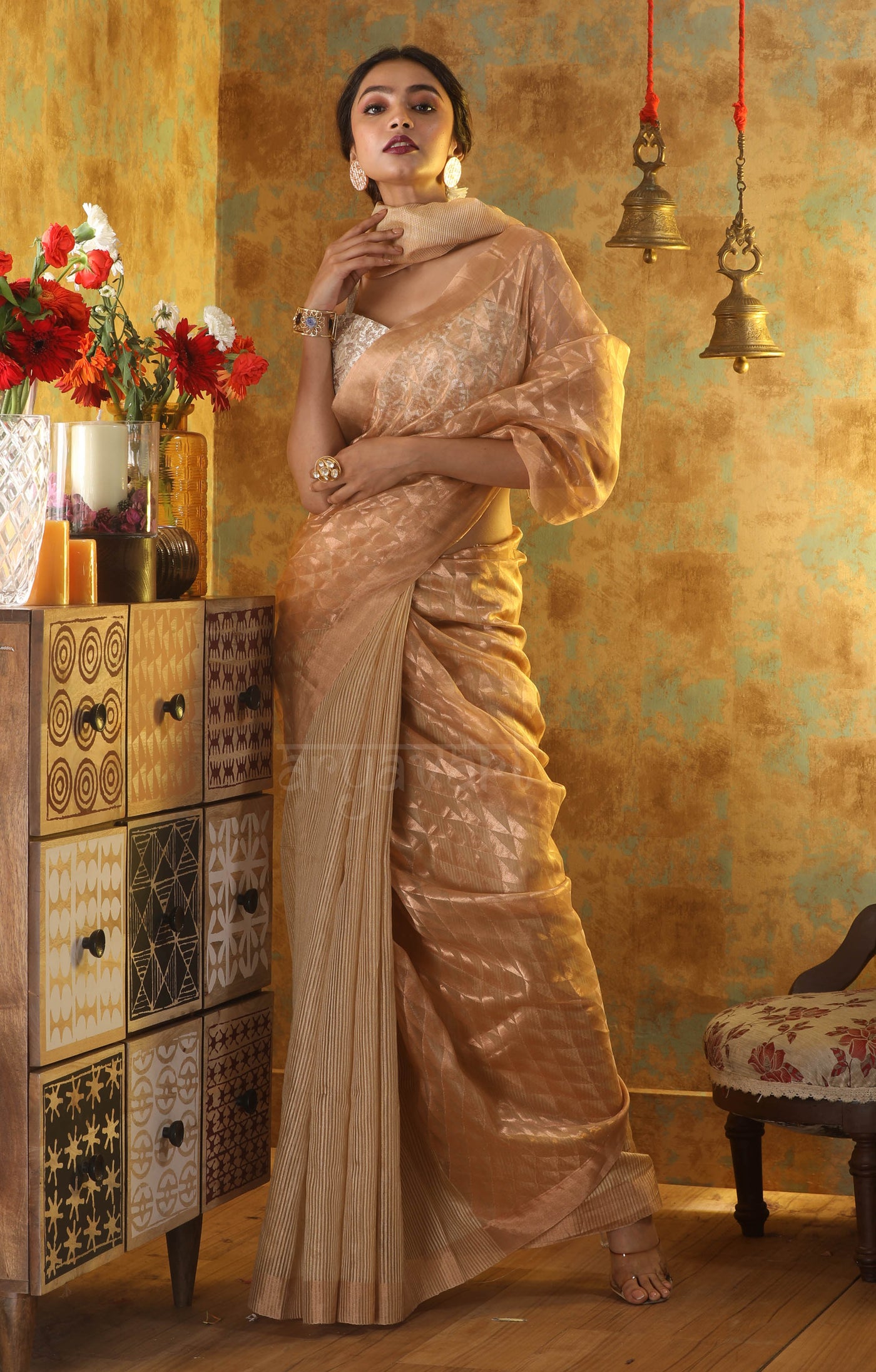Rose Gold Matka Silk Saree With Geometric Zari Work