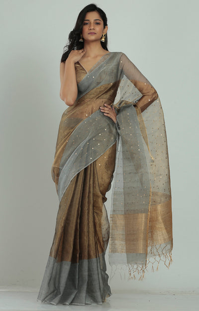 Stunning Silk Saree in Gold & Silver With Woven Sequence