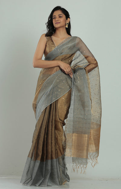 Stunning Silk Saree in Gold & Silver With Woven Sequence