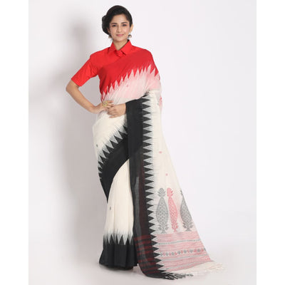 Off- White Cotton Saree with Red & Black Border & Woven Design