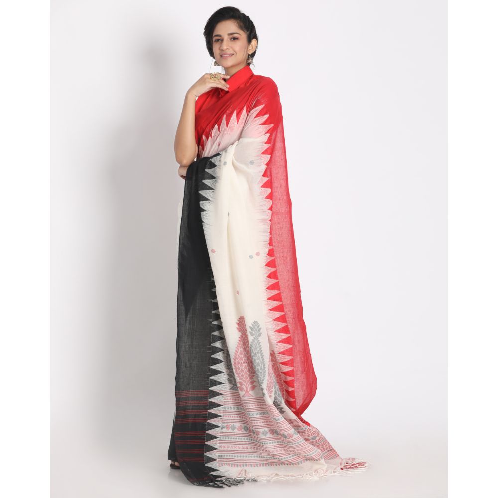 Off- White Cotton Saree with Red & Black Border & Woven Design