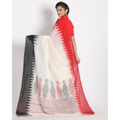 Off- White Cotton Saree with Red & Black Border & Woven Design