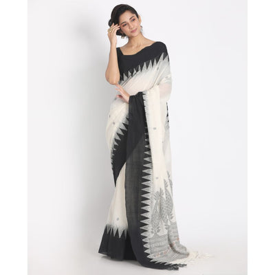 Off- White Cotton Saree with Black Border & Woven Design