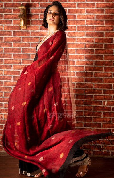 Black & Bran Red Linen  Saree With Woven Polka dot Buttas