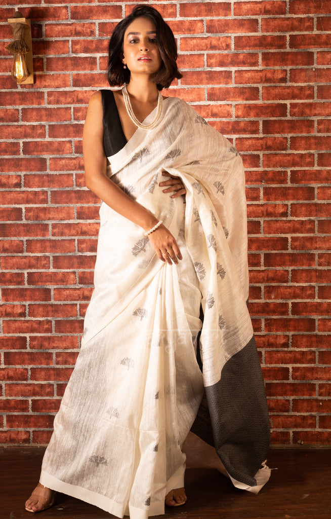 Pearl White Matka Silk Saree With Black Woven Jamdani Motifs