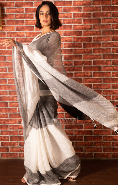 A Stylish White & Black Linen Saree