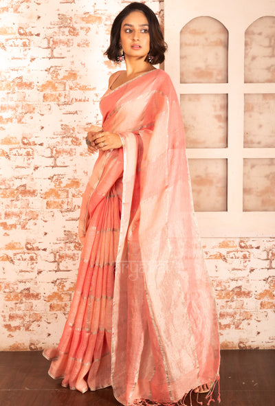 Stunning Linen Saree in Pink, Peach & Silver Zari Checks