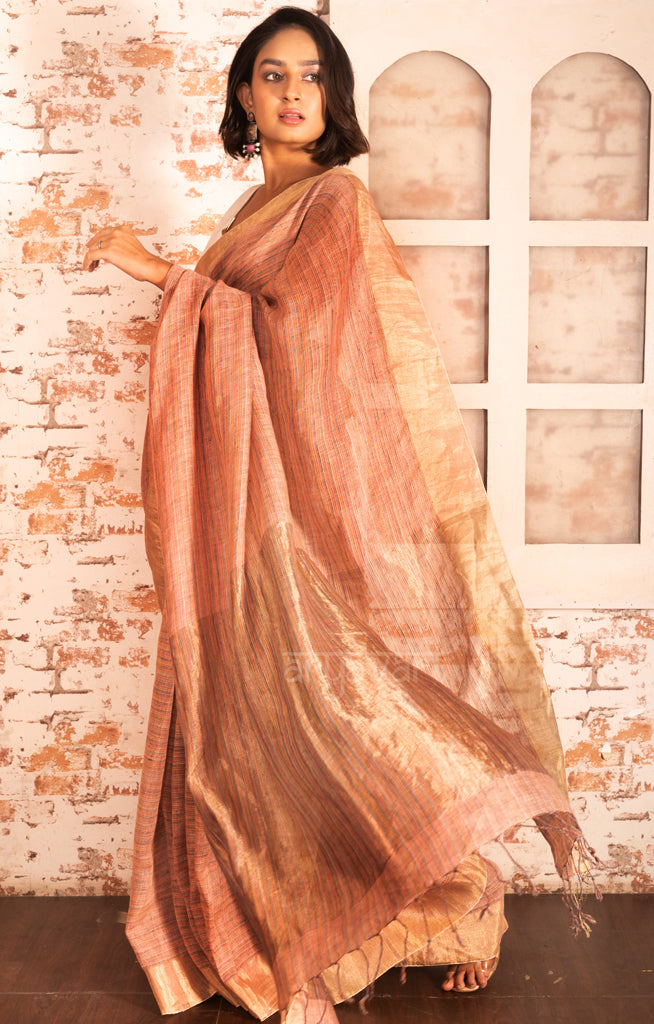 Peach Linen Saree With Multi Coloured Weave