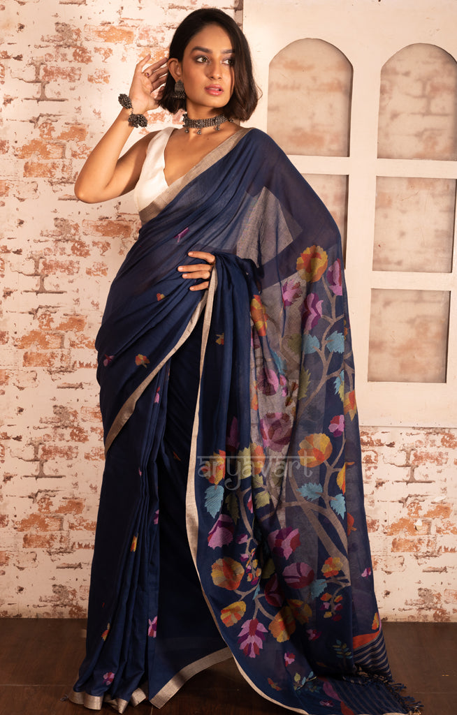Midnight Blue Cotton Saree with Tussar Border & Jamdani Woven Design