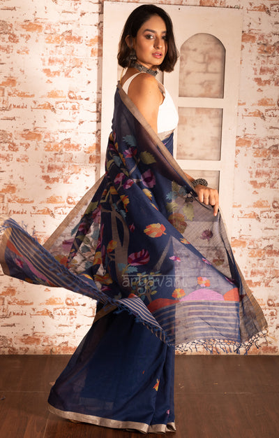 Midnight Blue Cotton Saree with Tussar Border & Jamdani Woven Design