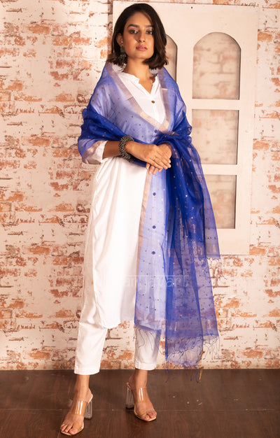 Royal Blue Silk Dupatta With Stunning Woven in Sequence