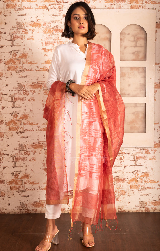 Stunning Peach Matka Silk Dupatta With Woven Jamdani Designs