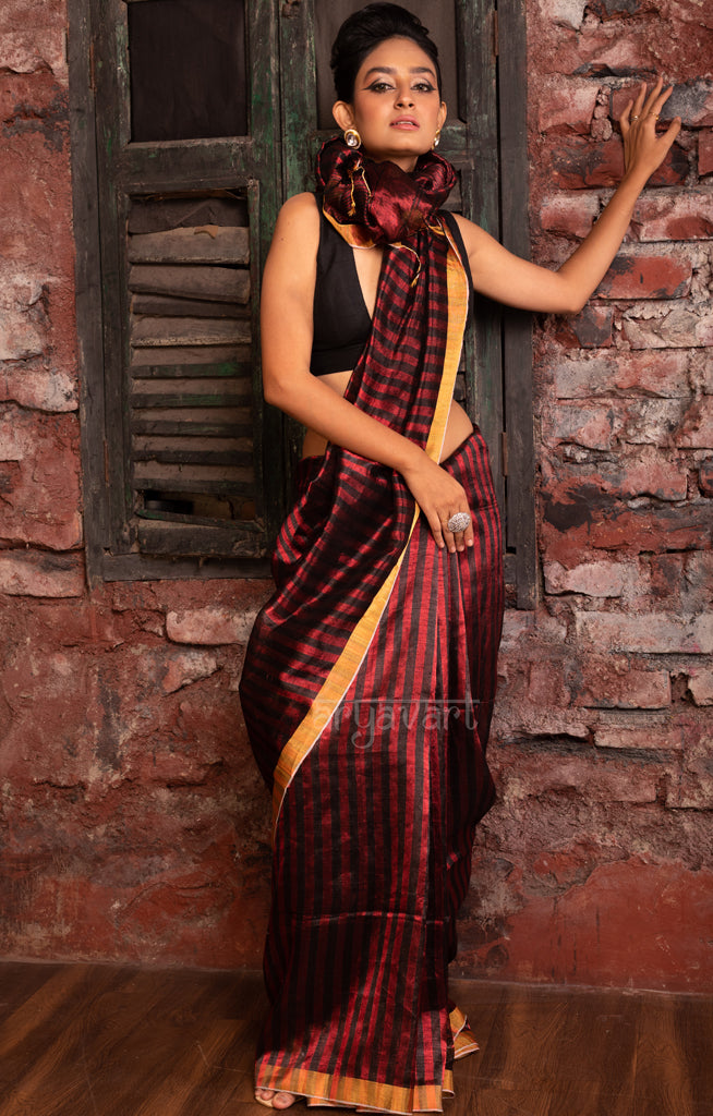 Ruby Red & Black Stripped Tissue Linen Saree