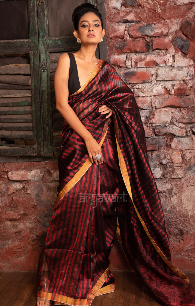 Ruby Red & Black Stripped Tissue Linen Saree