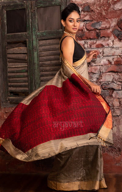 Siver Grey Matka Silk Saree With Woven Red Pallu