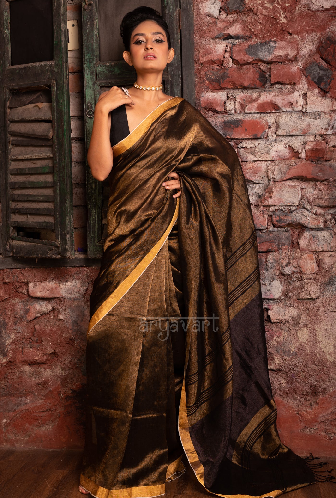 Gold & Black Tissue Linen Saree