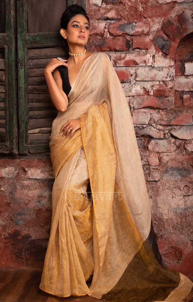 Beige & Gold Tissue Linen Saree With Woven Stripes