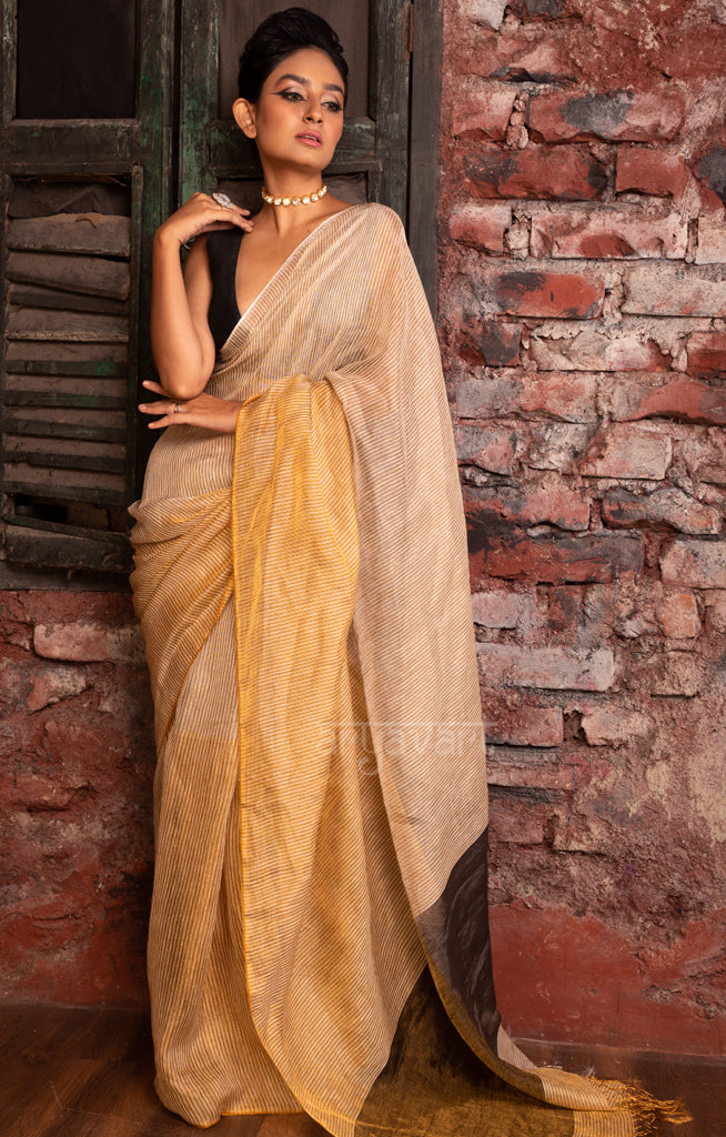 Beige & Gold Tissue Linen Saree With Woven Stripes