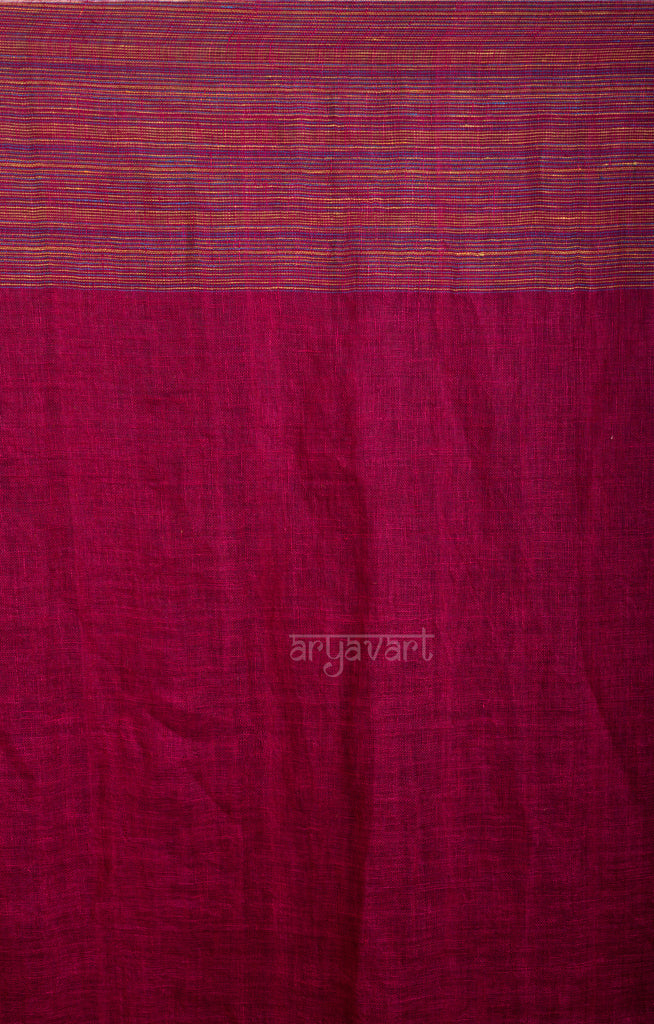 Magenta Linen Saree With Multi Coloured Woven Border