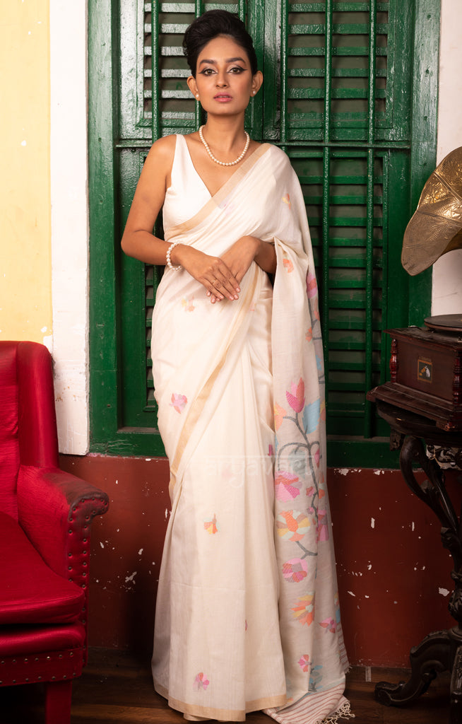 Pearl White Cotton Saree with Tussar Border & Jamdani Woven Design