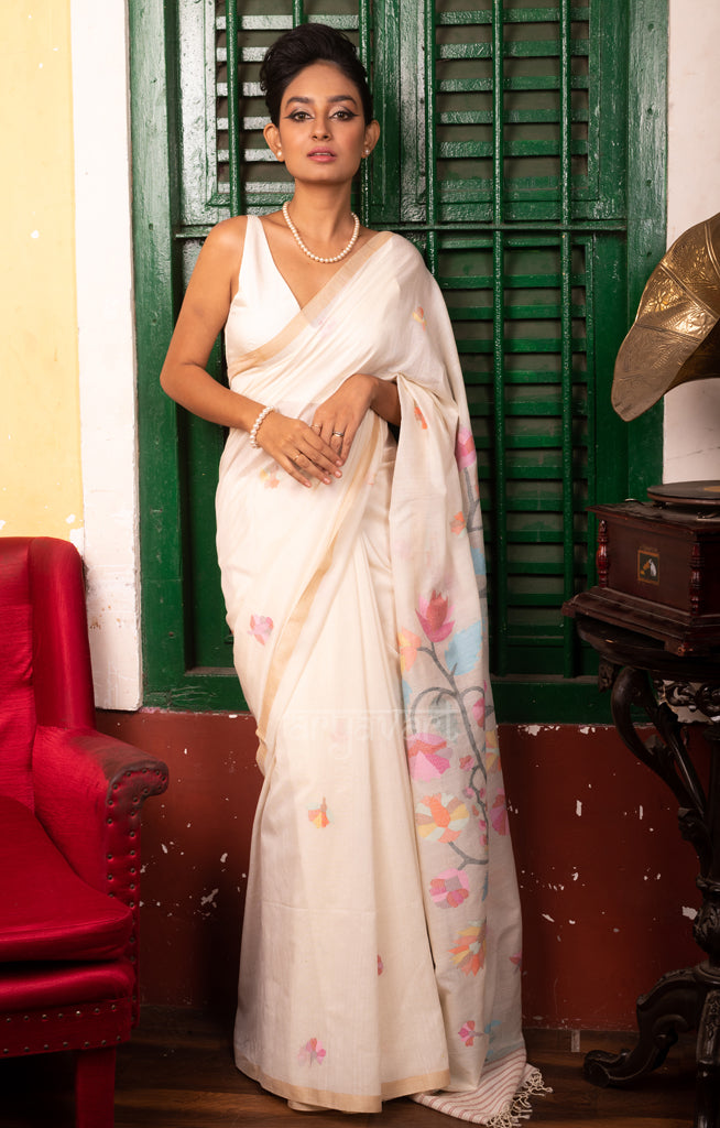 Pearl White Cotton Saree with Tussar Border & Jamdani Woven Design