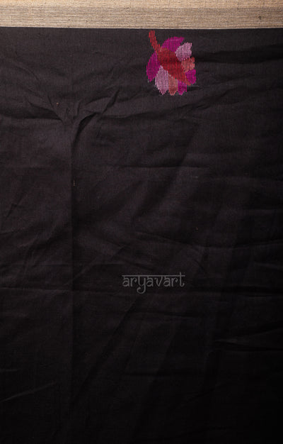 Black Cotton Saree with Tussar Border & Jamdani Woven Design