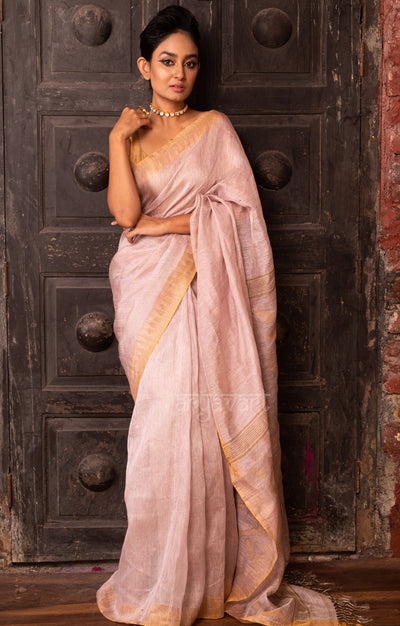 Faded Pink Tissue Linen Saree With Ghicha Jamdani Woven Design