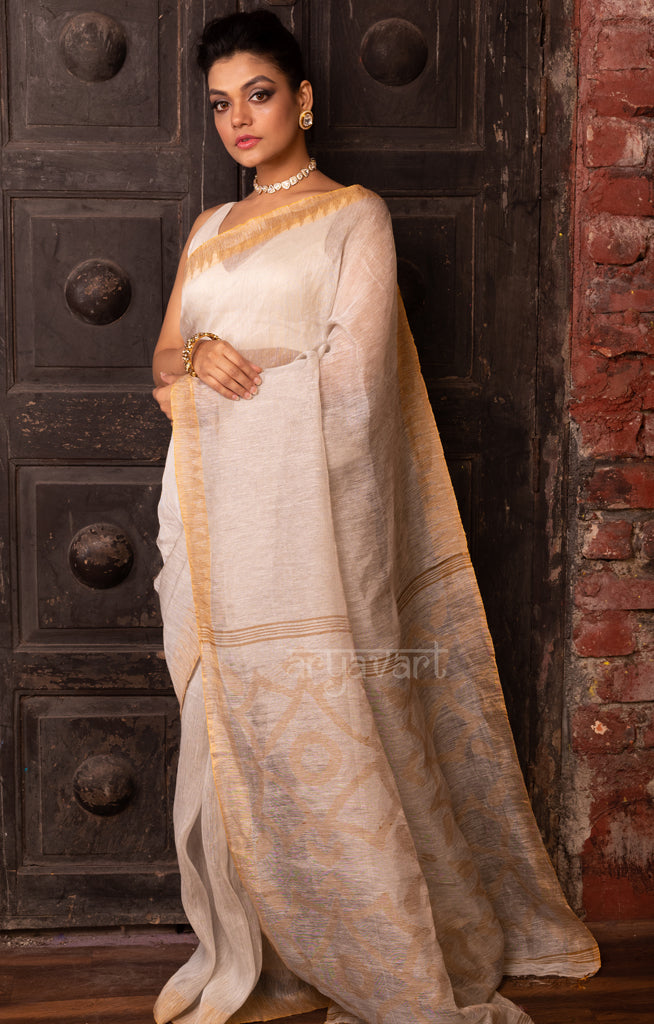 Pearl White Tissue Linen Saree With Ghicha Jamdani Woven Design