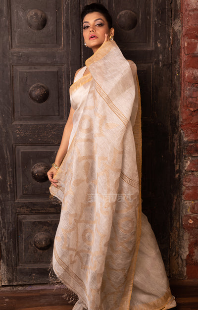 Pearl White Tissue Linen Saree With Ghicha Jamdani Woven Design