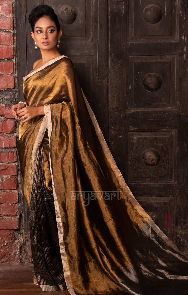 Stunning Gold Tissue Linen Saree With Stripped Pleats