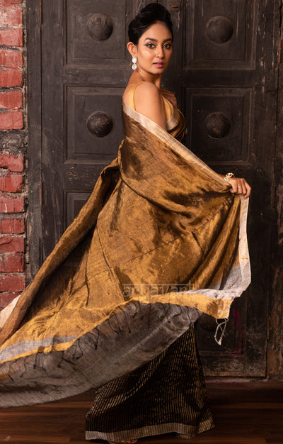 Stunning Gold Tissue Linen Saree With Stripped Pleats