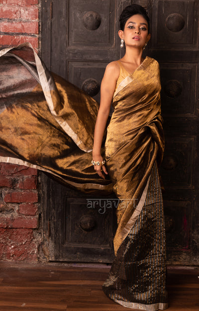 Stunning Gold Tissue Linen Saree With Stripped Pleats