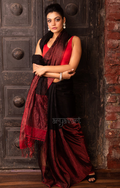 Ruby Red & Black Tissue Linen Saree