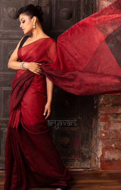 Ruby Red & Black Tissue Linen Saree With Woven Stripes