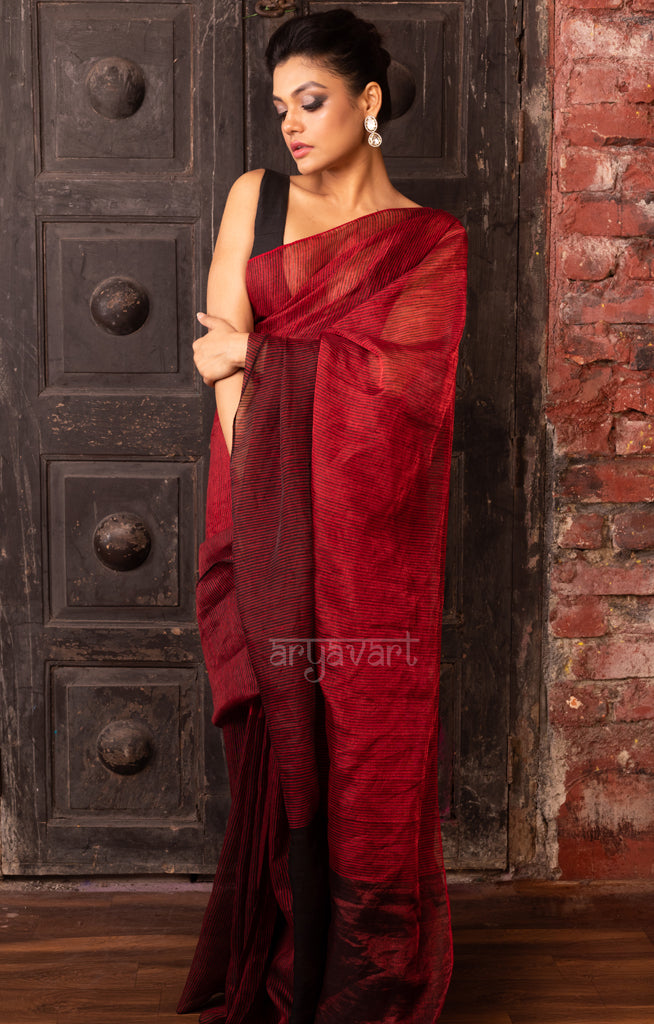 Ruby Red & Black Tissue Linen Saree With Woven Stripes